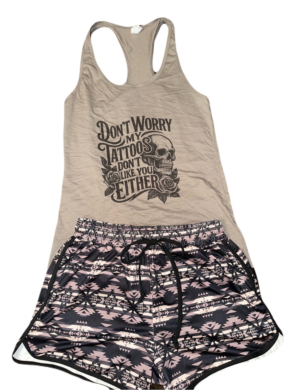 Beige Graphic Racerback Tank with Pink Aztec Print Shorts Set